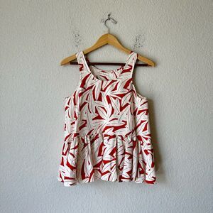 WHIT Printed Top Red White Leaves Sleeveless Peplum Linen Silk Blend